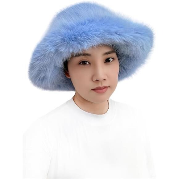 Oversized Winter Faux Fur Bucket Hat for Women Light Blue - Picture 2 of 5